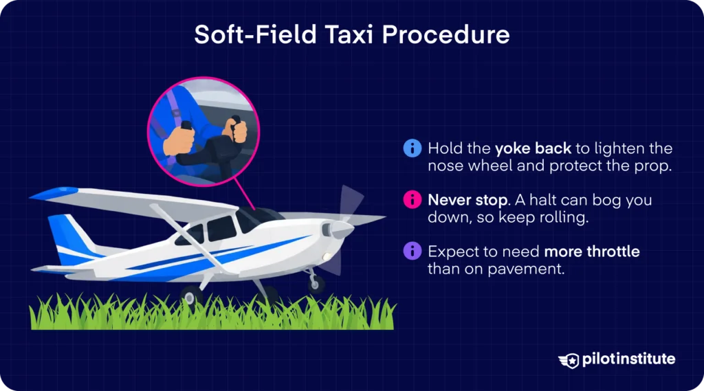 Soft-field taxi procedure with back-elevator, continuous rolling, and extra throttle tips. Pilot Institute.