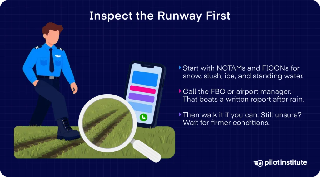 Pre-departure runway inspection checklist for soft-field operations including NOTAMs and site walk. Pilot Institute.