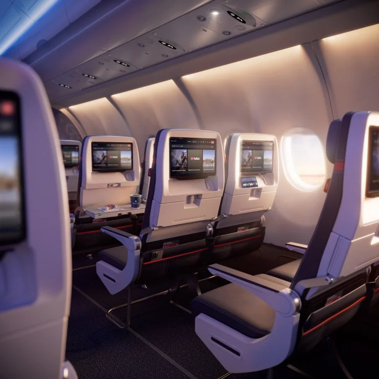Interior view of an airplane cabin featuring several seats with individual screens, windows, and ambient lighting.