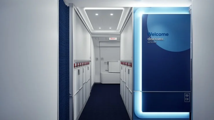 Interior view of an airline corridor featuring a welcome sign for 'Discover Airlines,' with modern lighting and sleek design elements.