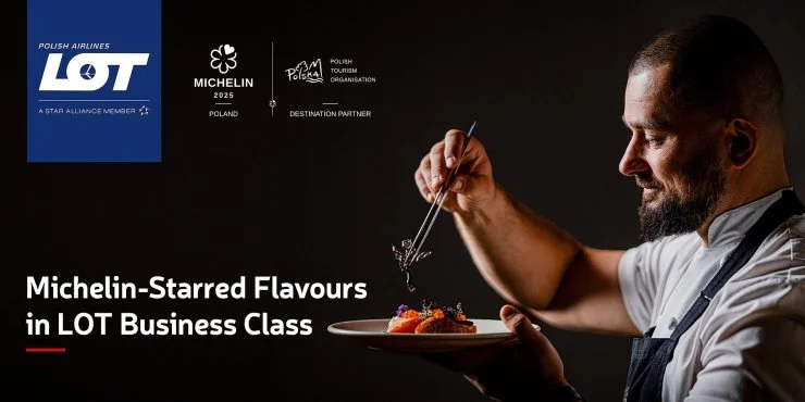 A chef plating a gourmet dish, showcasing Michelin-starred flavors in LOT Polish Airlines business class, with the LOT logo and Michelin emblem in the background.