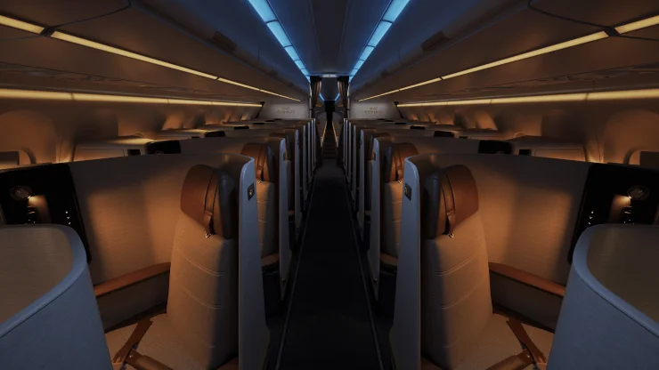 Interior view of Etihad's Airbus A321LR Business Class cabin, featuring premium seats with a modern design and ambient lighting.